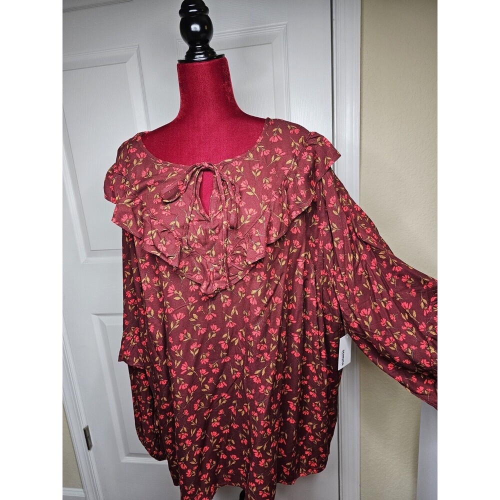 NWT Womens Sonoma Burgundy Floral Long Sleeve Peasant Ruffle Top Shirt